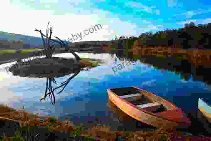 A Serene Fishing Boat On A Tranquil Lake, Reflecting The Beauty Of The Surroundings. Hook Line And Sinker: Classic Fishing Stories